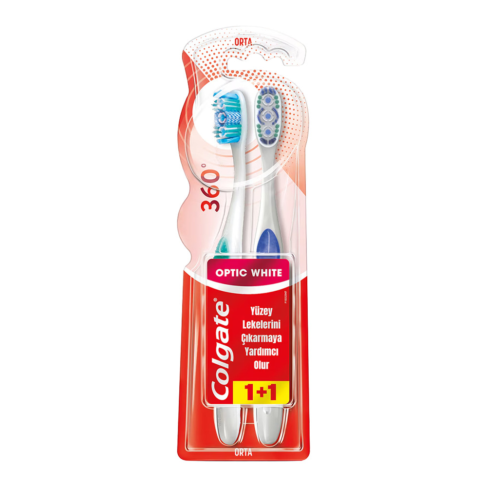 Colgate 360 Optik Beyaz Dil ve Yanak Temizleyicili Orta Beyazlatıcı Diş Fırçası 1+1 'li